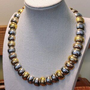 VINTAGE Gold & Silver-Tone Arched-Link Choker Necklace Unsigned Chunky Heavy